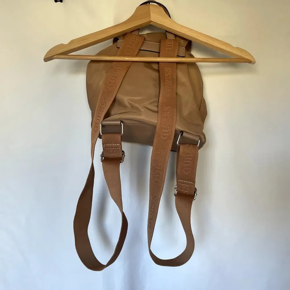 Guess LA brown leather backpack many pockets drawstring design flaw‎